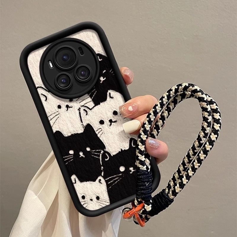 สําหรับ Huawei Honor Magic 6 5 4 Pro เคสโทรศัพท์สีดําสีขาวเลนส์แมวรวมทุกอย่างสายคล้องมือป้องกันกรณี NKR7