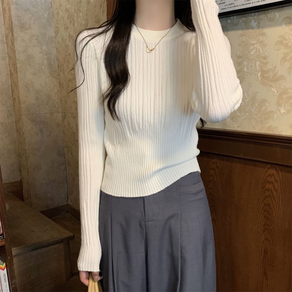 เสื้อสเวตเตอร์คอกลมแขนยาวผู้หญิงฤดูใบไม้ผลิสไตล์ใหม่สไตล์ชาแนลเอวสูงทรงสลิมฟิตทั้งหมด-