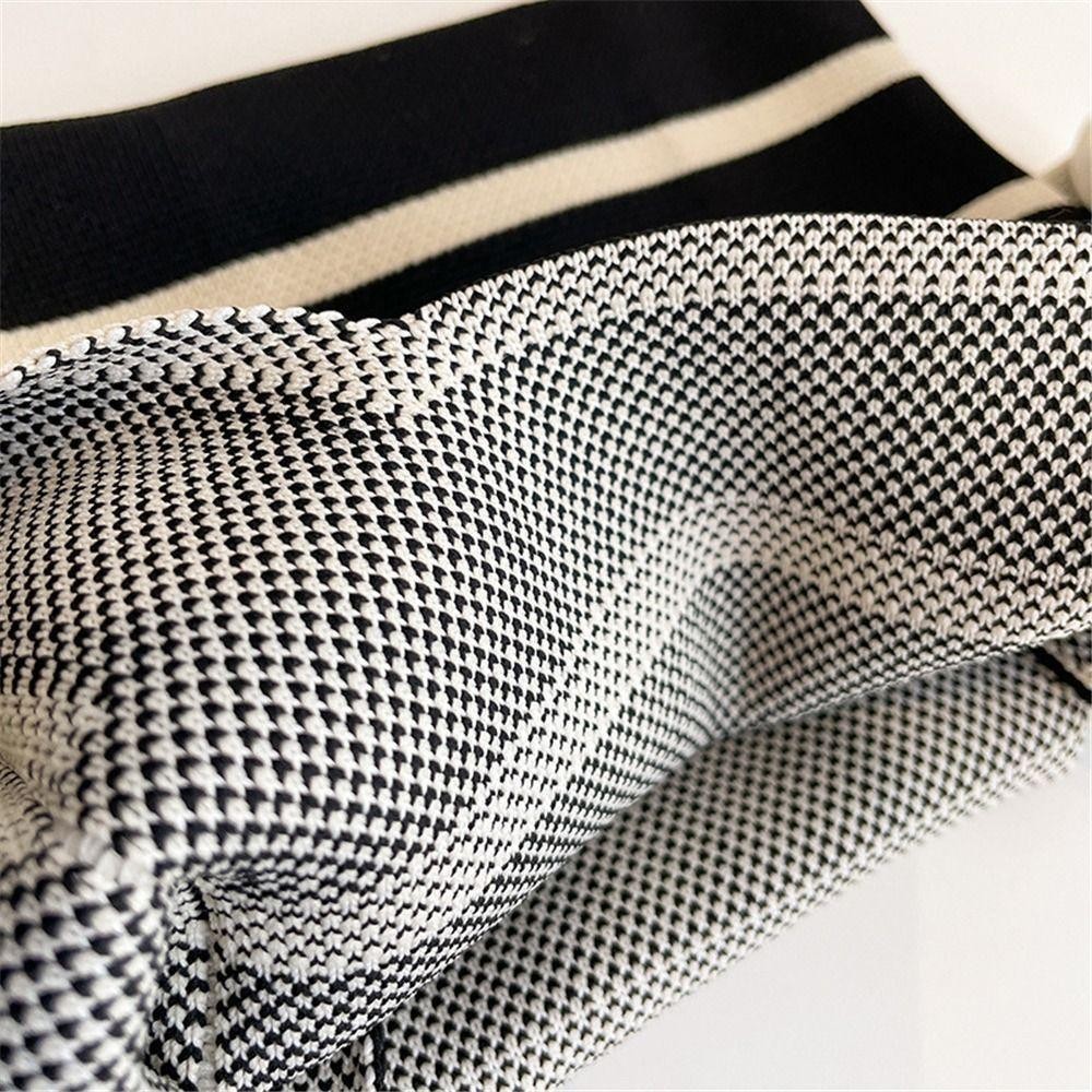 HOBBYIN Knit Handbag Reusable Casual Wide Stripe Handmade Plaid Tote Bag