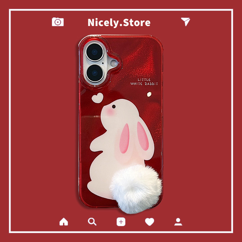 3dกระต่ายน่ารักplush Tailเลเซอร์สีแดงเคสโทรศัพท์สําหรับiPhone 16 15 14 13 12 Pro Max 11 15Promax IMDShockทนปลอกมือถือ