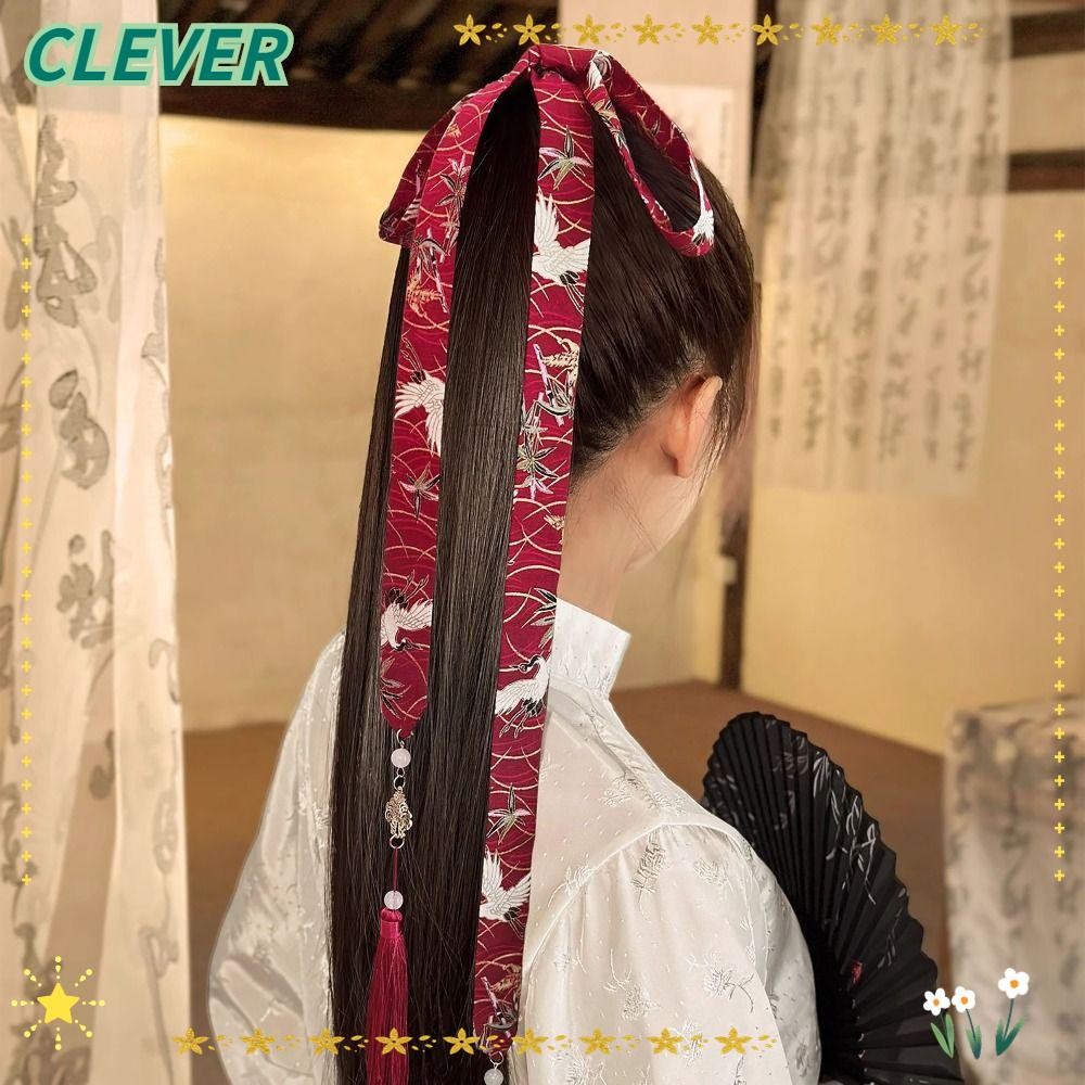 Clever สายรัดผมยาว, เครื่องประดับผม เครื่องประดับผมสไตล์จีน, ผ้าโพกศีรษะย้อนยุคโบว์พู่หัววงดนตรีจีน Hanfu