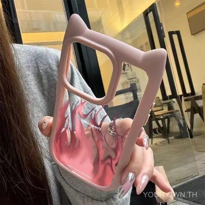 หูแมวสามมิติสีฟ้าสีแดงเปลวไฟ Apple 13เคสโทรศัพท์มือถือ iphone14หญิง15/13pro1112เต็ม PROMAX กระเป๋า kdb6