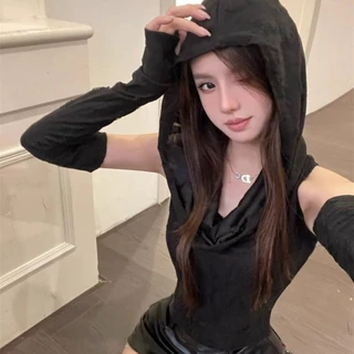 (พร้อมที่จะจัดส่งในกรุงเทพ) สไตล์ผู้หญิงใหม่ สไตล์อเมริกัน การออกแบบรู เสื้อยืดมีฮู้ดฤดูร้อน-Z290