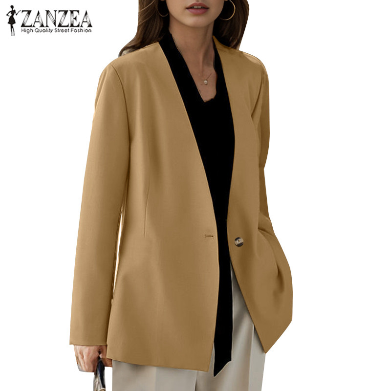 Zanzea Celmia ผู้หญิงเกาหลีคอวีแขนยาวปุ่มกระเป๋าเสื้อเบลเซอร์สํานักงาน