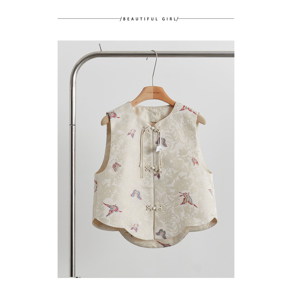 2024 ฤดูใบไม้ผลิผู้หญิง กลิ่นฉุน ชุดเสื้อกั๊กใหม่สไตล์จีนรอบคอหัวเข็มขัดผีเสื้อเนื้อพิมพ์เสื้อกั๊กเสื้อกั๊ก