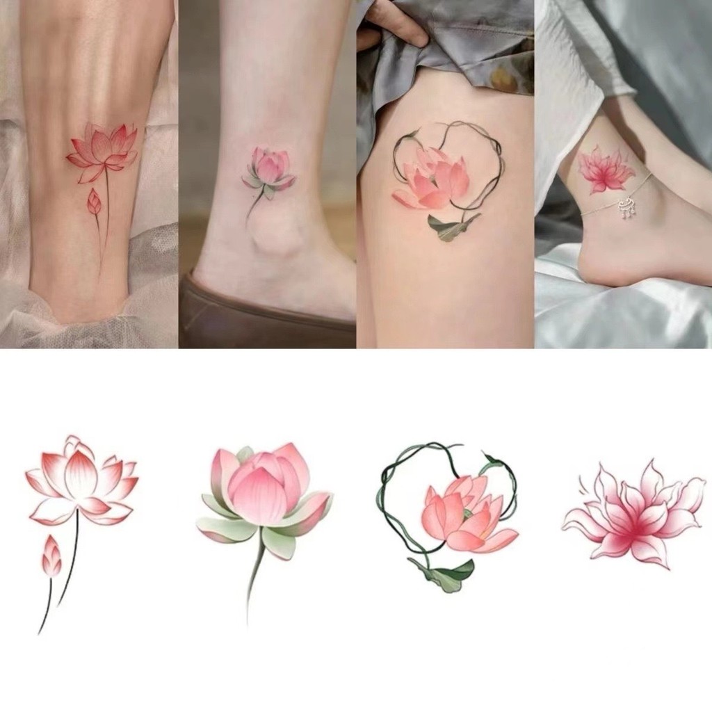 4PCS High Beauty Ins สีสัน Lotus Tattoo สติกเกอร์ Lotus ข้อเท้าแขนกันน้ําทนทานสดเซ็กซี่ Collarbone สติกเกอร์