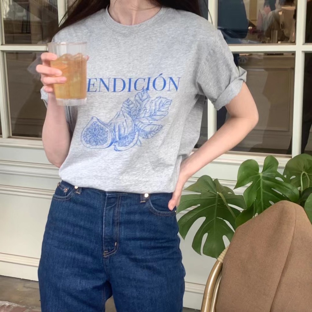 Ma *** rdi 100% Cotton Now เสื้อยืดแขนสั้นลาย Fig All-Match Casual Round Neck Retro Top