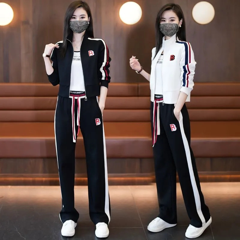 2024 ฤดูใบไม้ผลิฤดูใบไม้ร่วงสไตล์ใหม่แฟชั่น Classy Stand-Up Collar Jacket กางเกงขาตรงลดอายุชุดกีฬาลําลองสุภาพสตรี