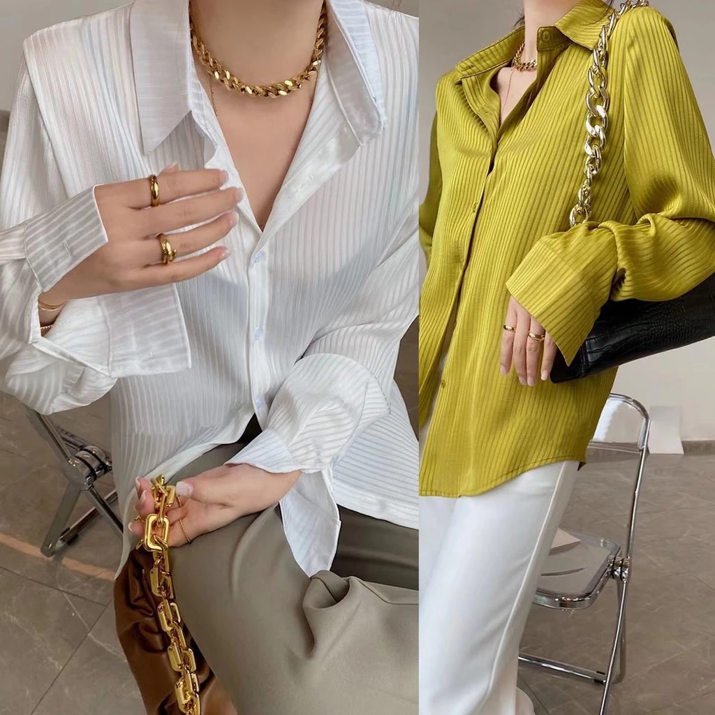 mimi&didi#เสื้อเชิ้ตแขนยาวซาติน ผ้าต่อต้านริ้วรอยสำหรับผู้หญิง ปก เสื้อเชิ้ตเดรปลำลองทรงหลวม ที่หรูหราและมีสไตล์#W516
