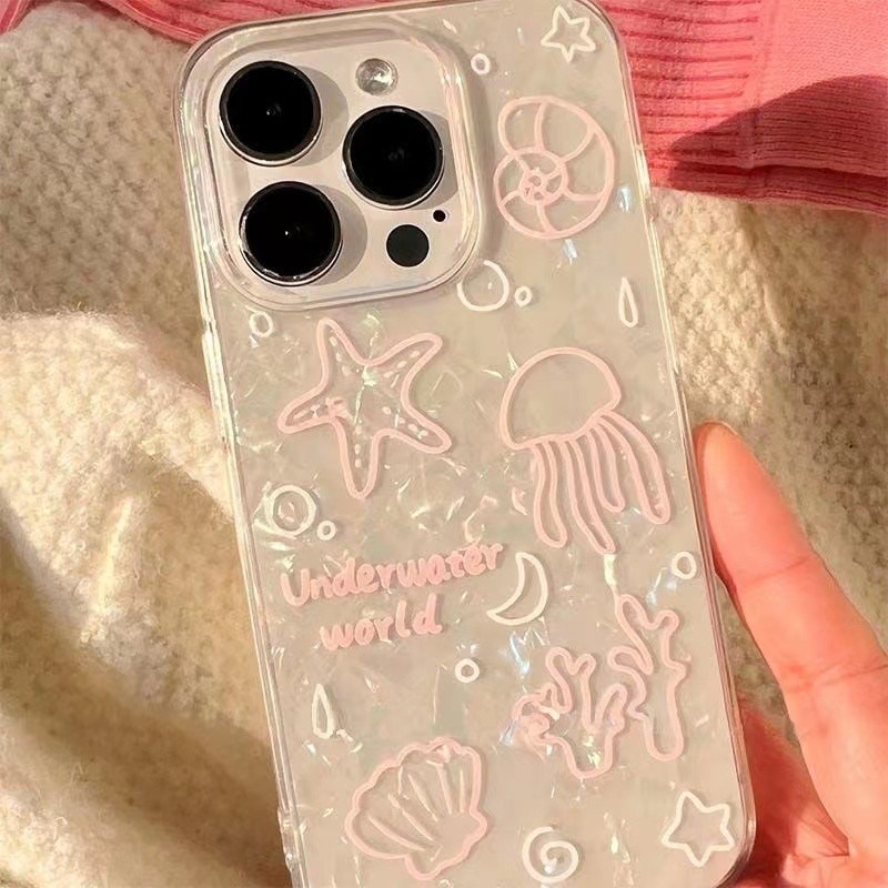 เคสไอโฟน16 แมงกะพรุนเข้ากันได้กับ กรณีเชลล์รูปแบบกระดาษแข็ง for IPhone 13 15 7Plus 14 12 11 Pro MAX 8 6 7 6S Plus X XR