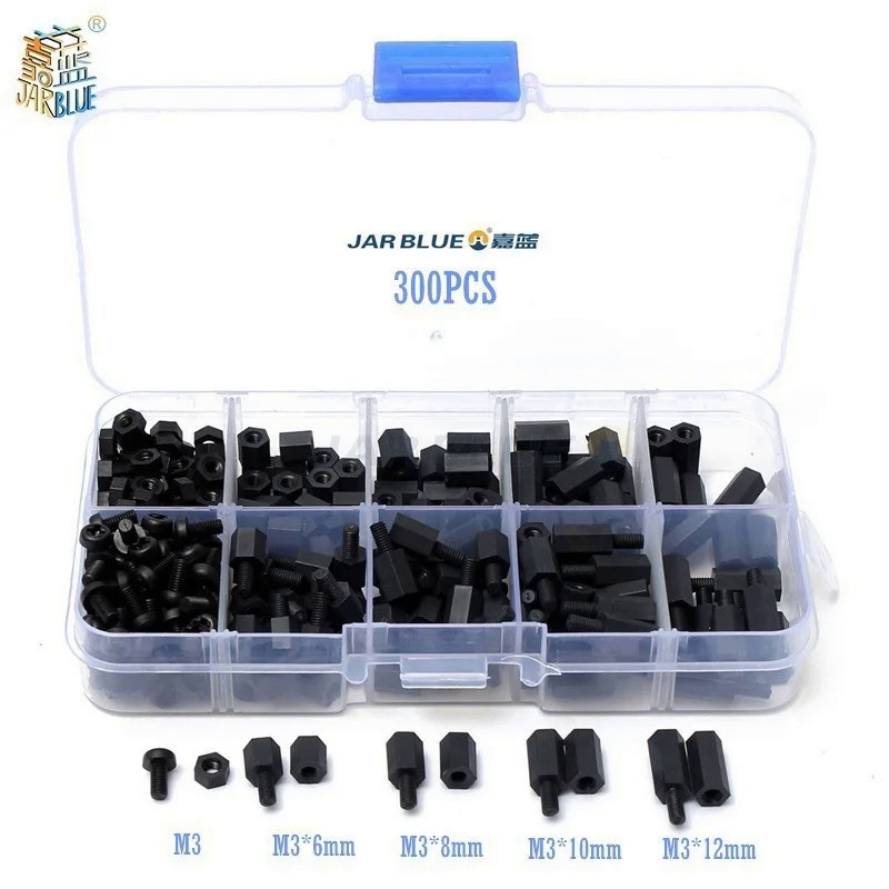 300pcs M3NH1 M3 Nylon Screw White/Black Hex Nylon Standoff Spacer Column Flat Head Nylon Plastic Spa