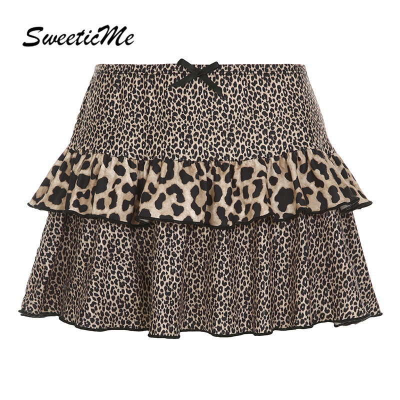Sweeticme ผู้หญิง 2024 ใหม่แฟชั่นเสือดาวลูกไม้ Slim Fit Bow All Match กระโปรงจีบ