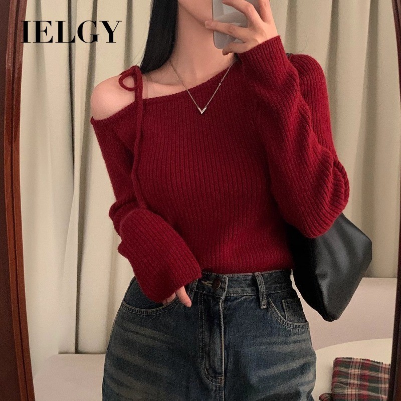 IELGY เสื้อสเวตเตอร์ผ้าถักเปิดไหล่สีแดงสําหรับผู้หญิงดีไซน์เฉพาะกลุ่ม
