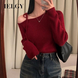 IELGY เสื้อสเวตเตอร์ผ้าถักเปิดไหล่สีแดงสําหรับผู้หญิงดีไซน์เ…