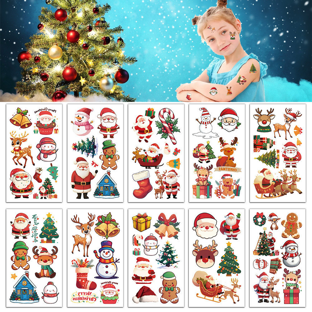 พร้อมส่ง Christmas Tattoo 1 set/10pcs สติกเกอร์แทททู คริสต์มาสสีสันสดใส กันน้ำ ใช้ครั้งเดียว