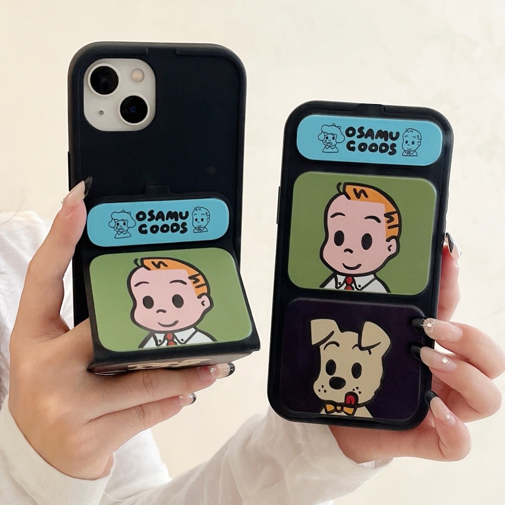 Ins การ์ตูนน่ารัก OSAMU GOODS Boy และ Puppy Multifunctional Magnetic Flip วงเล็บพับได้ IPhone Case สําหรับ IPhone 16 15 14 13 12 11 Anti Drop ซิลิโคนอ่อนนุ่มปกหลัง