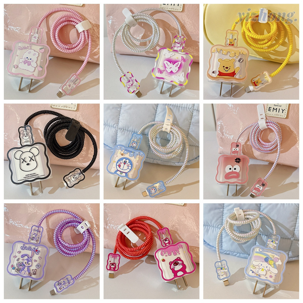 กรณีชาร์จ 5 ชิ้นชุดสําหรับ iPhone 18 W/20 W Wave Edge การ์ตูน Winnie Pooh Melody Cinnamoroll สุนัข KAWS หมี Tulips ชาร์จ Protector ข้อมูลสายเกลียวสายกัดนุ่ม