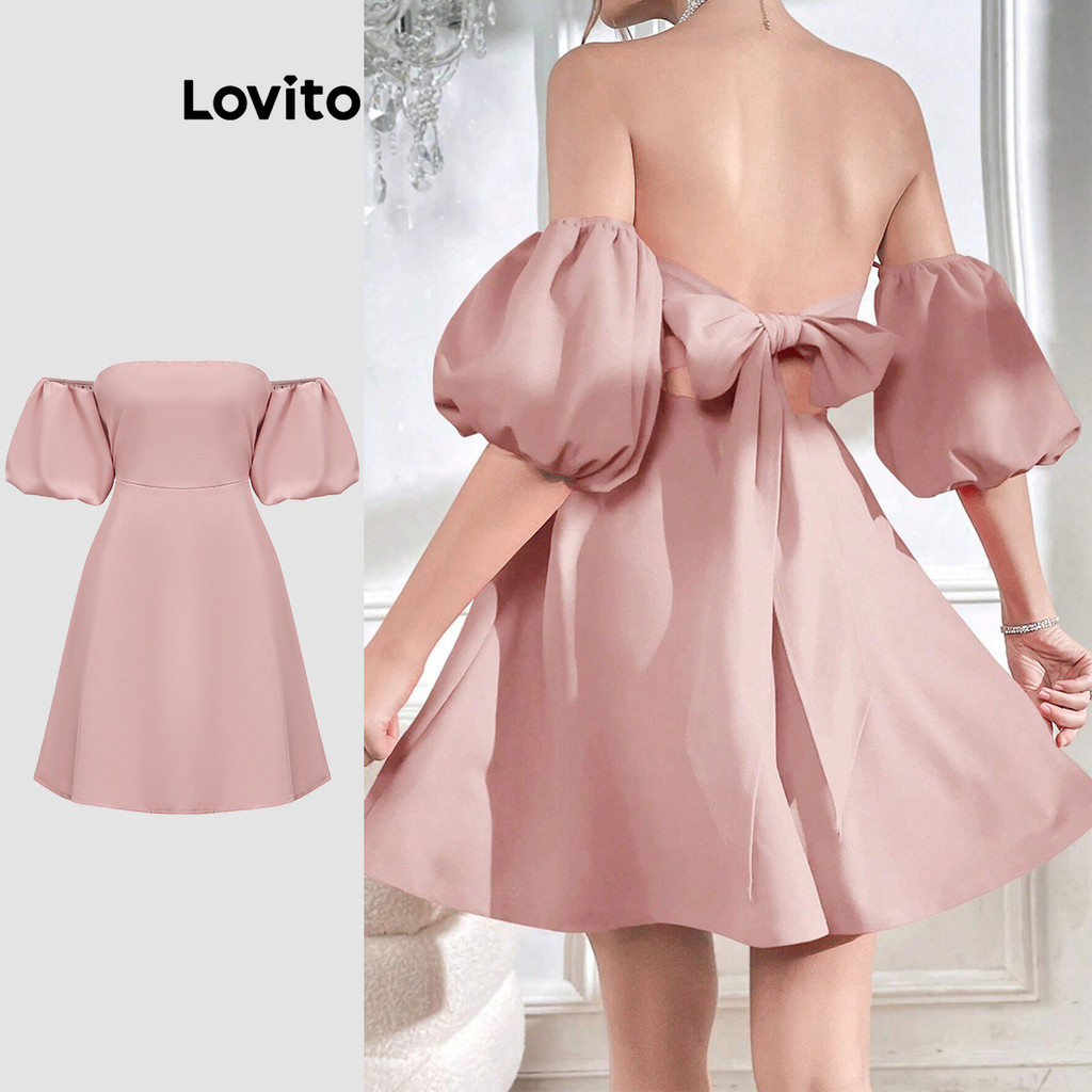 Lovito ชุดเดรสผู้หญิง โบว์ด้านหลัง สีพื้น สไตล์ลำลอง L89ED097