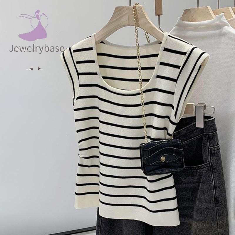 [jewelrybase] แฟชั่นเกาหลีลายถักเสื้อกั๊กผู้หญิงหวาน U คอแขนกุด Crop Top Boutique