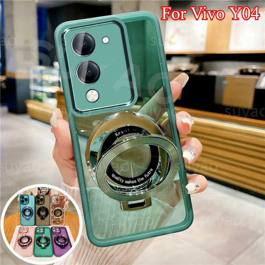 สําหรับVivo Y04 4G Y29S Y29T 5G 2025 โปร่งใสClearกรณีฝาครอบขาตั้งที่วางโทรศัพท์แหวนยึดกล้องกันกระแทก
