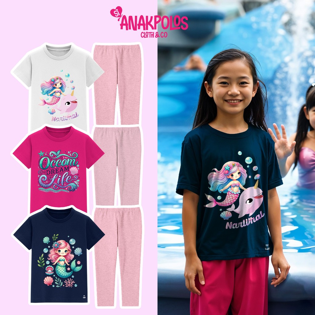 KATUN Mermaid Series Ocean Best Friends เสื้อยืดแขนสั้นเด็กผู้หญิง, ผ้าฝ้ายหวี Mer-1 N&F