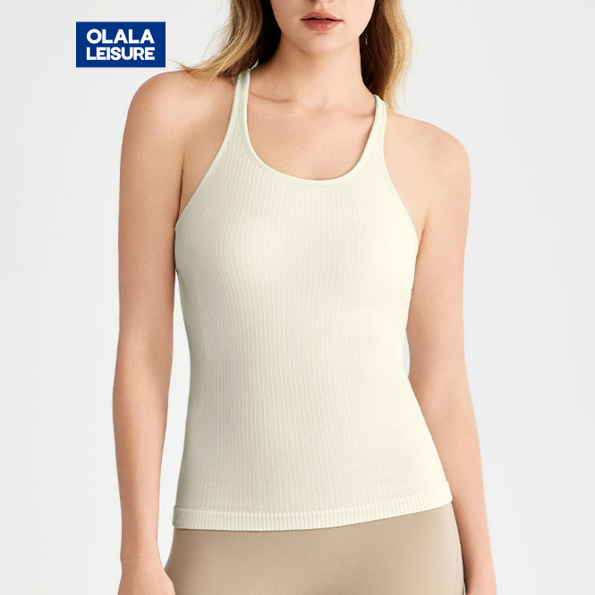 Olala Leisure  Yoga Sports Bra Fixed Pads Racer Back Seamless Knitting Ribbed