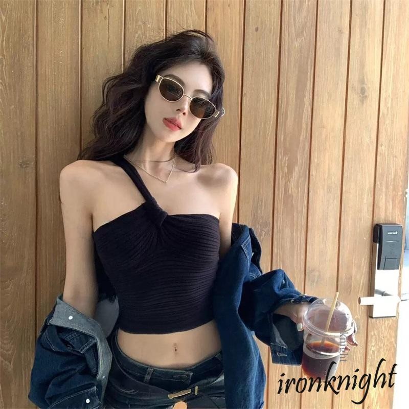Ironknight-เสื้อกั๊กผู้หญิงสีทึบ Ribbed Twist Knot แขนกุด Slim Fit Vest