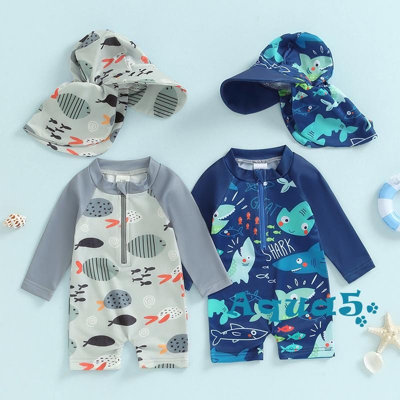 Aqq-toddler Boy Rash Guard ชุดว่ายน้ําหมวก 2 ชิ้นชุดปลา Shark รูปแบบ Zip Up แขนยาวลูกเรือคอเด็กทารกชุดว่ายน้ํา