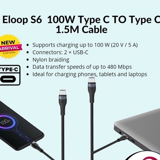 ELOOP S6 100W TYPE C TO TYPE C 1.5M CABLE - สีดํา