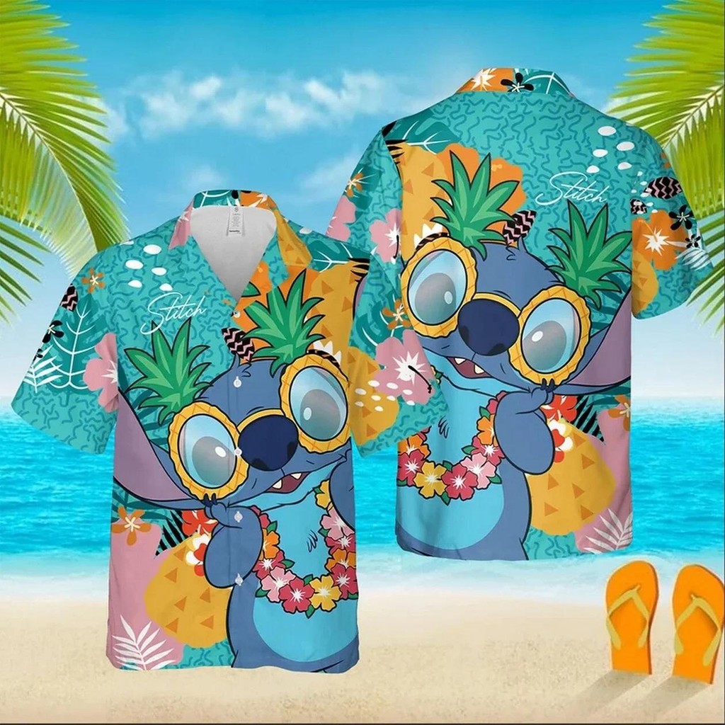 ฤดูร้อนใหม่ Lilo และ Stitch เสื้อเชิ้ตผู้ชาย Disney Stitch เสื้อฮาวายแฟชั่น Disney ฮาวายเสื้อแขนสั้นลําลองผู้ชาย