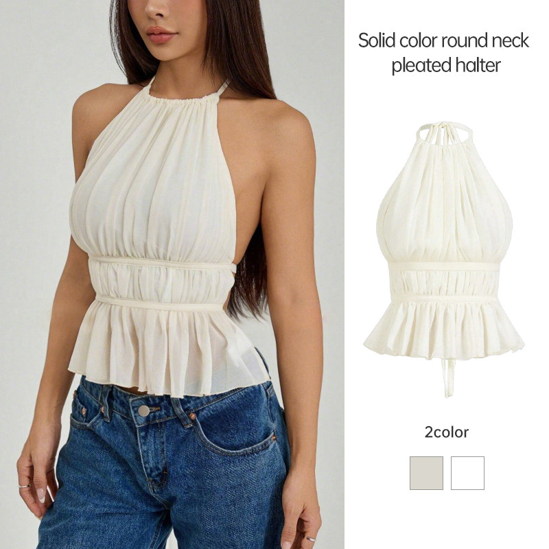 เสื้อกั๊กเซ็กซี่สีทึบรอบคอแขวนคอเสื้อกั๊กผู้หญิงBackless Lace-Up Top