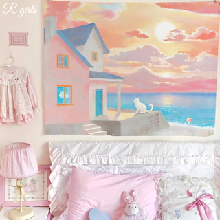จัดส่งจากไทย Agirl Ins ผ้าแขวนน่ารักแมวชายหาดสีชมพู หัวใจสาว ทิวทัศน์ริมทะเล ตกแต่งห้องพัก ผ้าพื้นหลัง