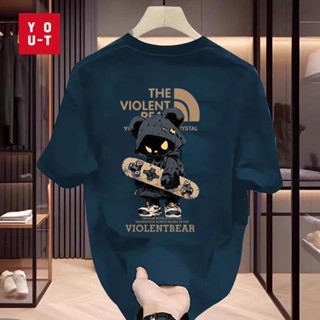 Y-T⚡เสื้อยืดโอเวอร์ไซส์ ปลอกคอทรงกลม เสื้อยืดชาย ไม่ต้องรีดผ…