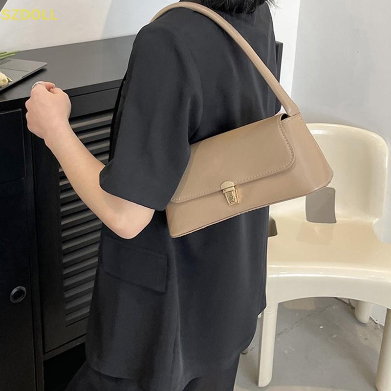 [cxSZDOLLA] Women Retro Tote Bagอินเทรนด์VINTAGE Underarm Bag Portable Casual PU Leather Solid Color Simple Handle Handbags Shoulder Bag DOM