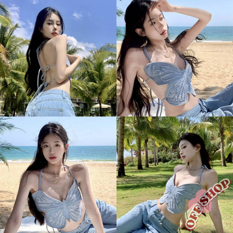 OFF SHOP 🥻ใหม่ 2025 เสื้อสายคล้องคอ เว้าหลังผูกหลัง ลายผีเสื้อ' FY3190