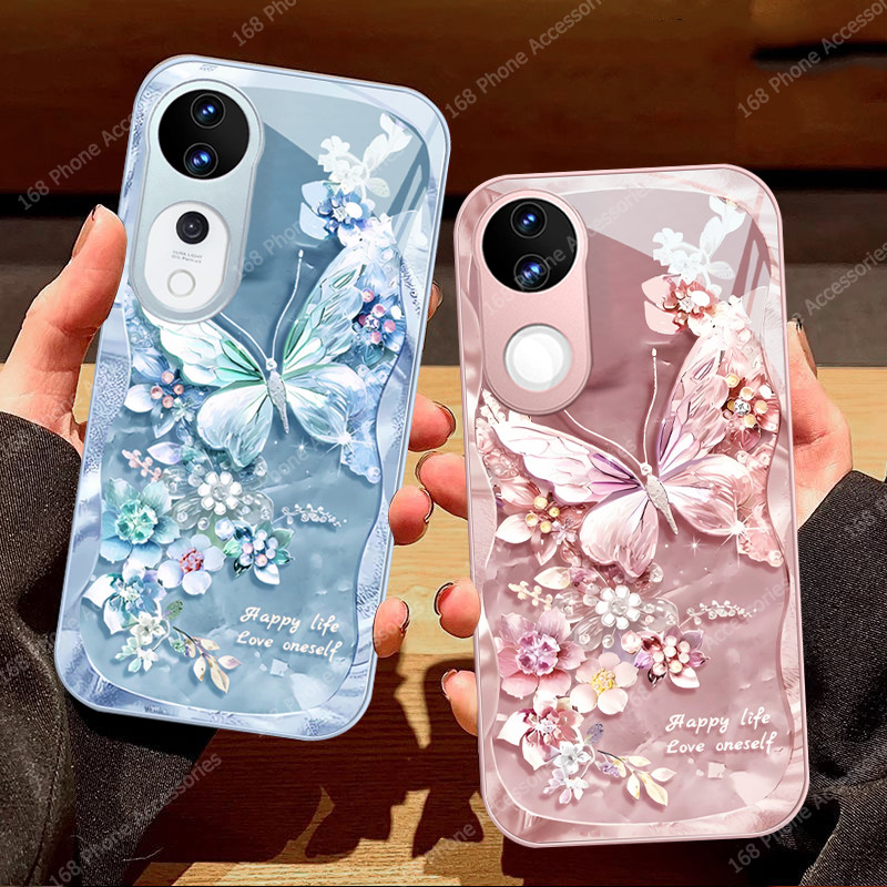 เคส Vivo V50 V40 Y200 5G เคส Vivo V40 Pro น่ารักแวววาวผีเสื้อดอกไม้กันกระแทกหรูหราของเหลวแก้วนุ่มซิลิโคนขอบโทรศัพท์เคสสําหรับเด็กผู้หญิงผู้หญิง