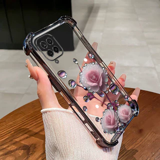 SAMSUNG สําหรับSamsung A12 M12 A22 4G 5G M22 M23 4G M33 เคสโทรศัพท์ดอกไม้สีชมพูBudสี่มุมซิลิโคนTPUโปร่งใสSoft shell ﻿ดีซ