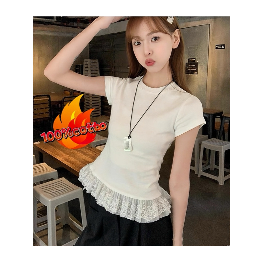 Velca 100%cotton  เสื้อยืดแขนสั้น เสื้อลูกไม้ คอกลมลายลูกไม้สีขาวสำหรับผู้หญิง  แฟชั่นสาวๆสไลต์สาวเกาหลี