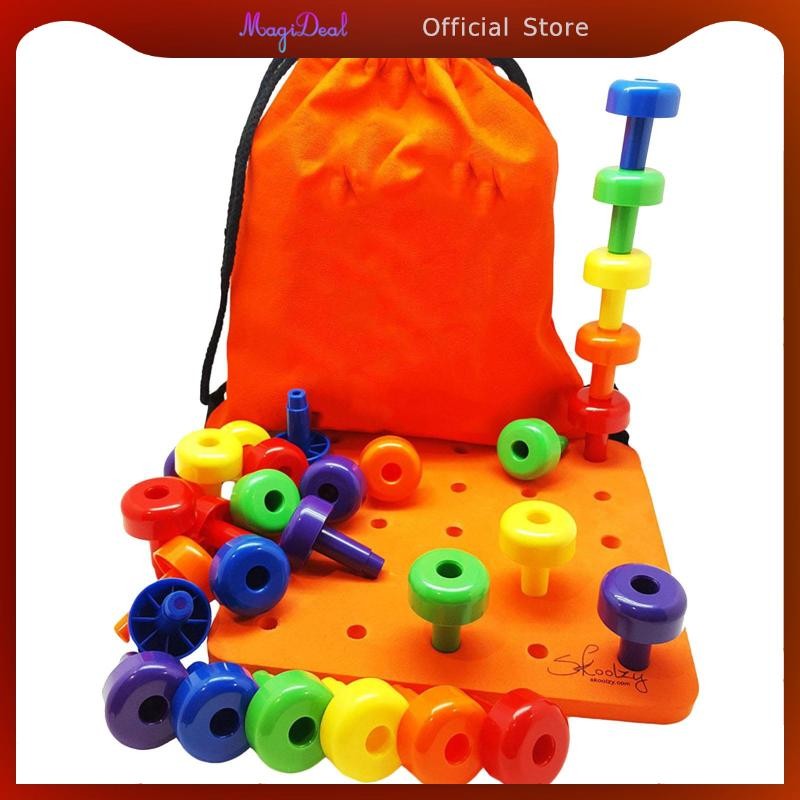 MagiDeal ของเล่น Pegboard ซ้อนสําหรับของขวัญเพื่อการศึกษา Montessori 30 หมุดและเชือกพร้อมคู่มือสําหรับเด็กหลากสี