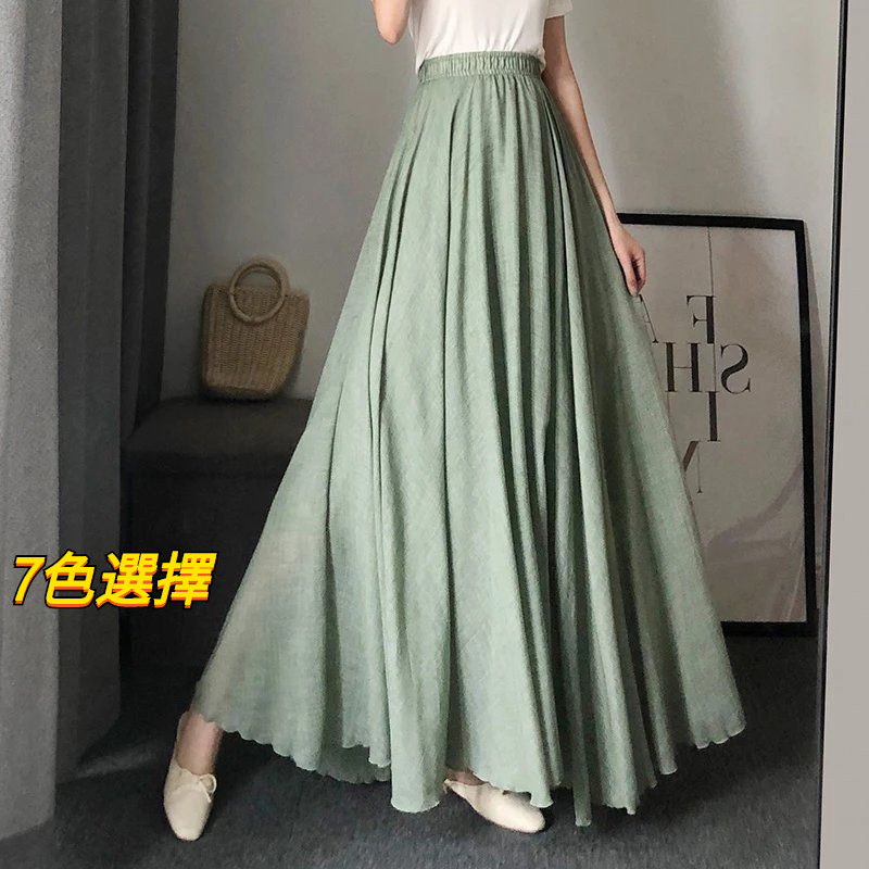 กระโปรงยาวสองชั้น 2025 ฤดูร้อน ผ้าฝ้ายผ้าลินิน 7 สี สไตล์วรรณกรรมอ่อนโยน Retro ครึ่งความยาว An