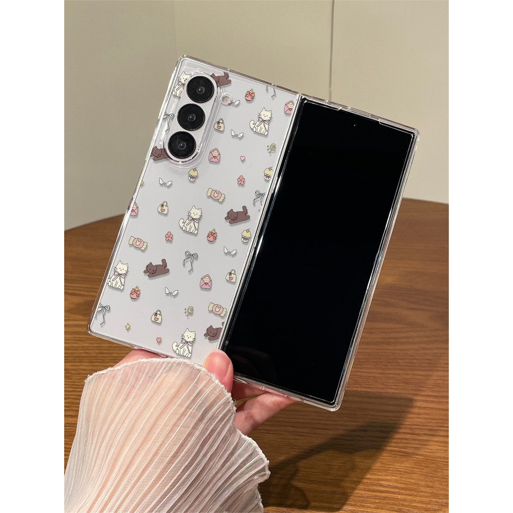 น่ารักเต็มหน้าจอ Cat Kitty โปร่งใสสําหรับ Galaxy Z พับ 5 6 Z Fold6 Fold5 Zfold5 Zfold6 Z พับ 5 Fold4 Fold7 กันกระแทก Clear แบบพกพาปกหลัง - รูปที่ 2