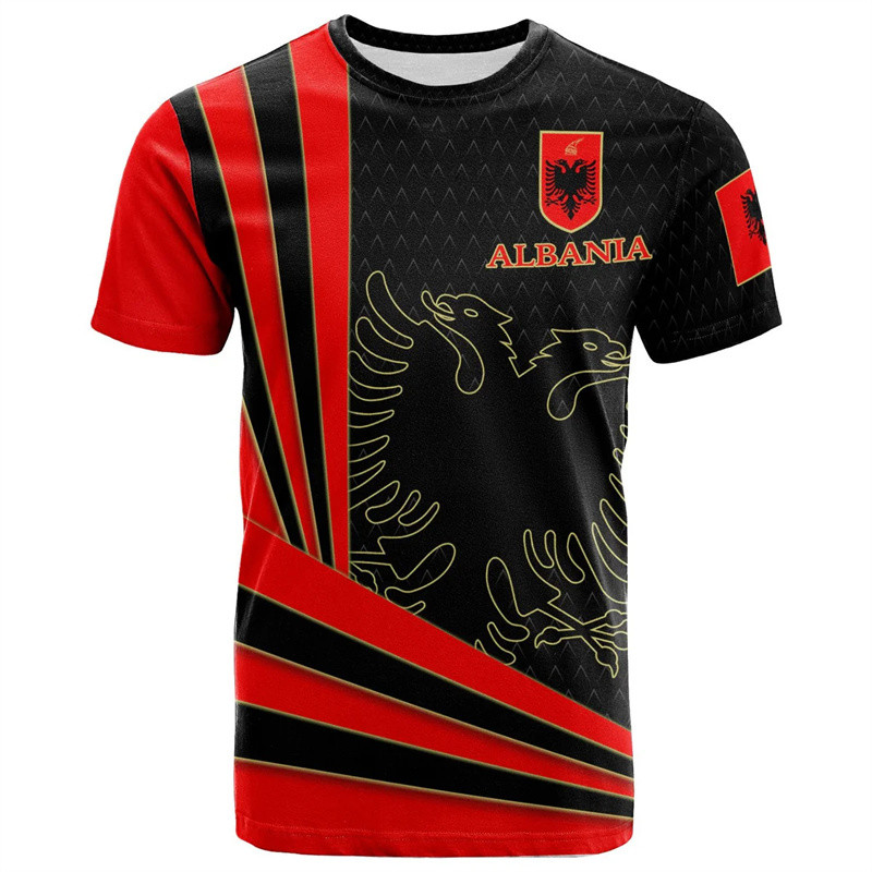 เสื้อทีมฟุตบอล Albania เกร้าฟิกธง Albani แบบ 3D เสื้อยืดลายตราสัญลักษณ์ Albania