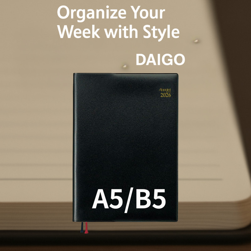 Daigo Weekly Planner 2026 - A5 & B5 Sizes, Left Orientation, Black, Starts September 2025