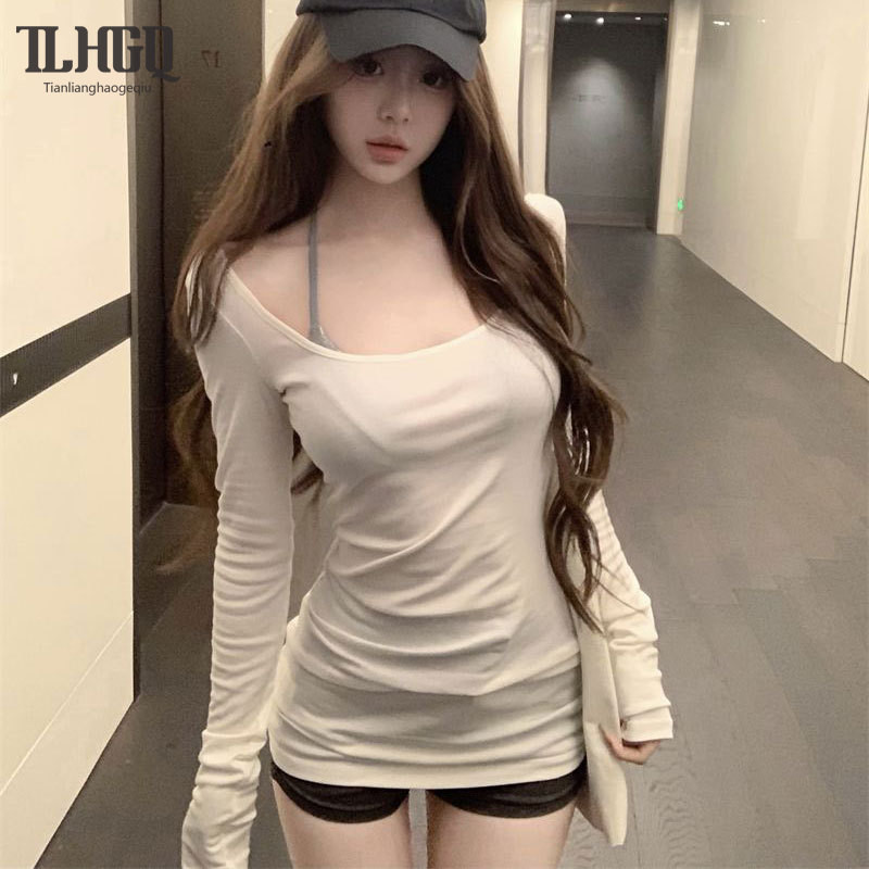 Tian-lianhaogeqiu เสื้อยืดผู้หญิงแขนยาวคอกลม Slim ไหล่บวกเสื้อ bottoming บาง