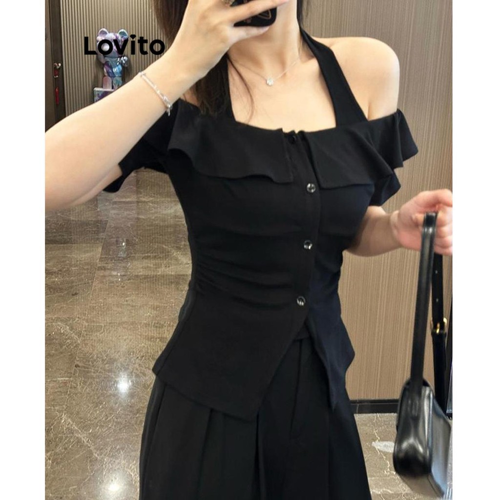 Lovito เสื้อยืดผู้หญิง แต่งแต่งแต่งระบาย สีพื้น สไตล์ลำลอง LNM69199