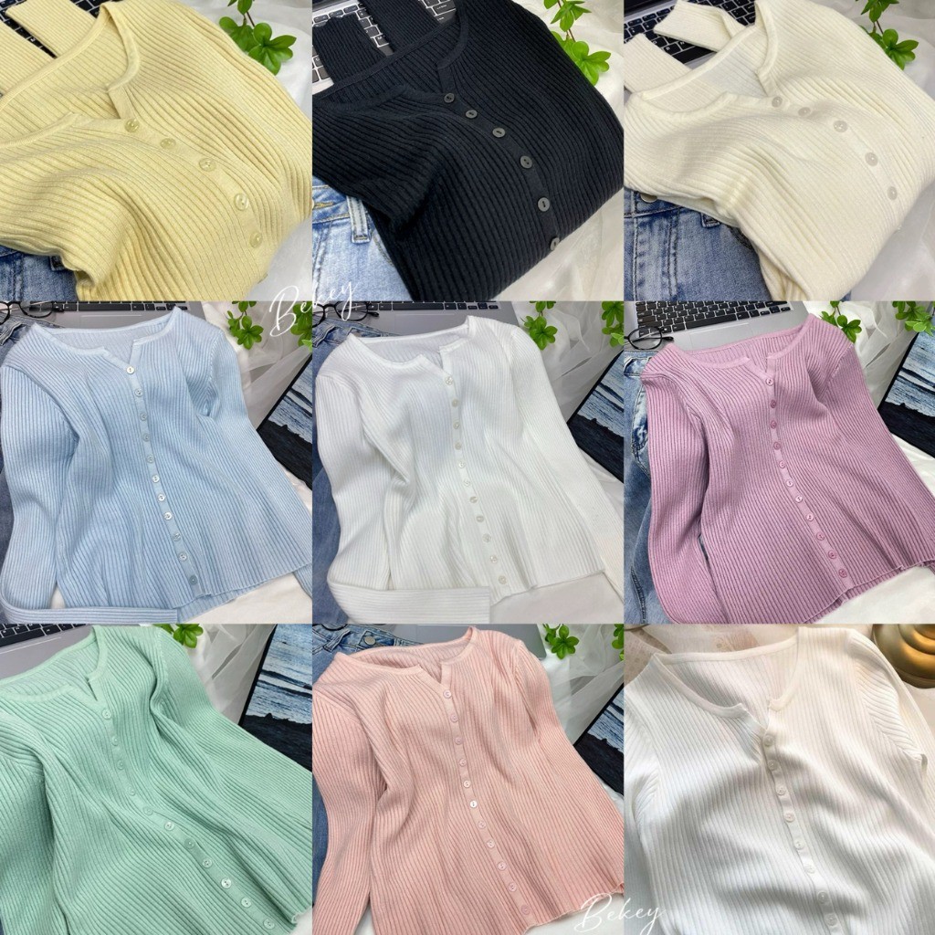 (พร้อมส่งจากกรุงเทพ🇹🇭) เสื้อคาร์ดิแกนแฟชั่นแขนยาวผู้หญิงเสื้อสเวตเตอร์คอวีสีทึบใหม่เพรียวบาง Z274