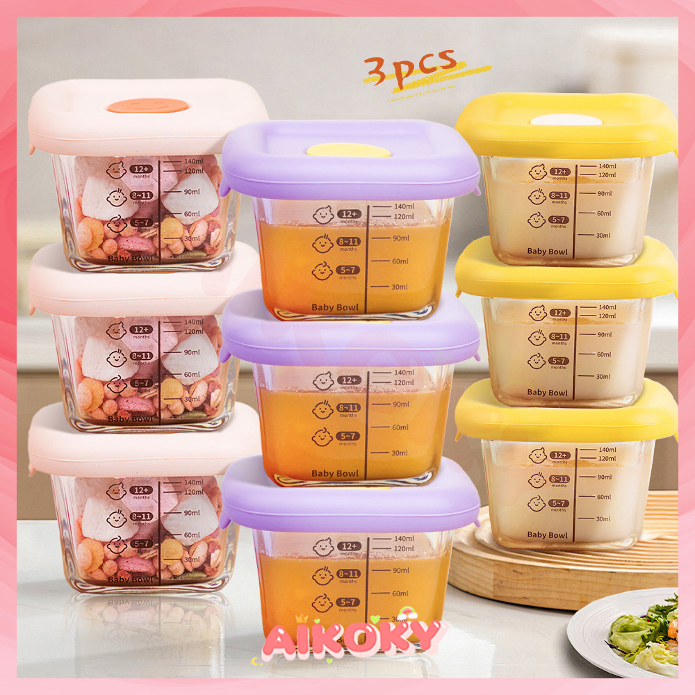 AIKOKY กล่องแก้วเก็บอาหารเด็ก(3 ชิ้น/ชุด)  ถ้วยซุปเด็ก ถ้วยแช่แข็ง กล่องเก็บอาหารเด็กเข้าไมโครเวฟได้