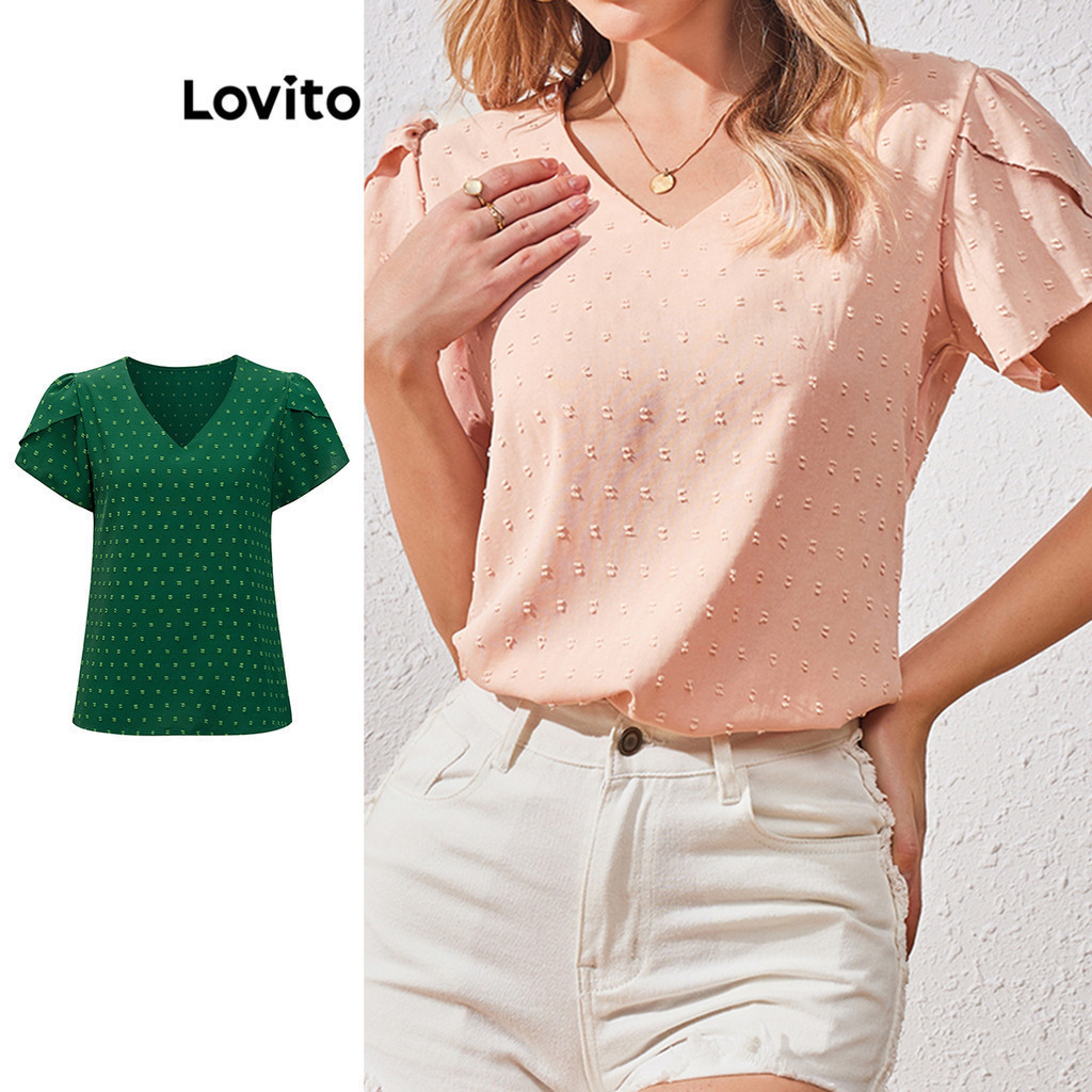 Lovito เสื้อเบลาส์ผู้หญิง แขนระบาย สีพื้น สไตล์ลำลอง LBL07017(หลากสี)