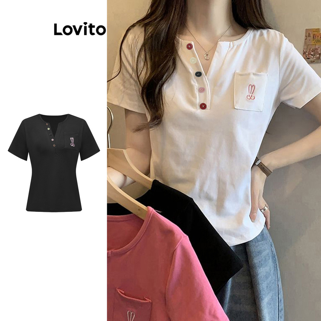 Lovito เสื้อยืด แขนสั้น กระดุมหน้า สีพื้น สไตล์ลำลอง สำหรับผู้หญิง LNA08072 (หลากสี)