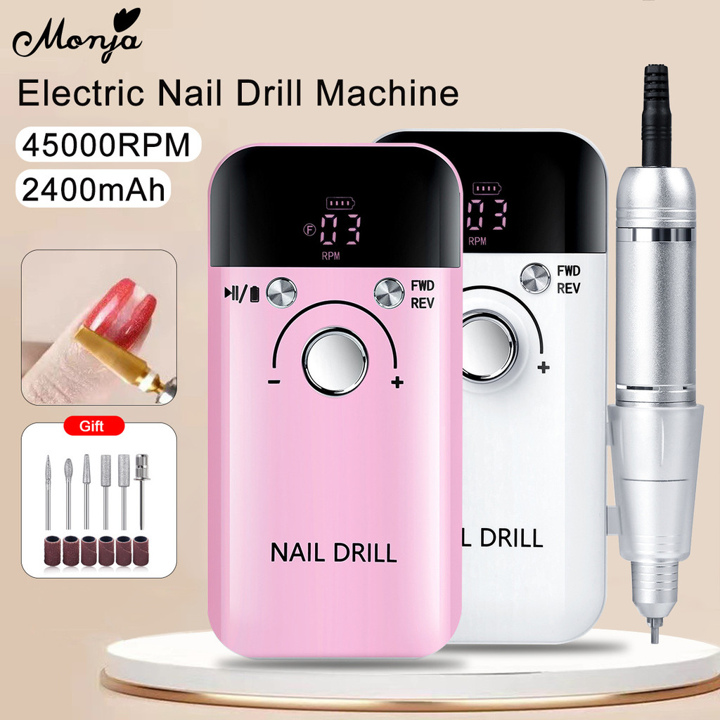 Monja 45000RPM เครื่องเจาะเล็บไฟฟ้าแบบพกพาชาร์จเครื่องขัดเล็บพร้อมจอแสดงผล LCD เจาะเครื่องมือทําเล็บ
